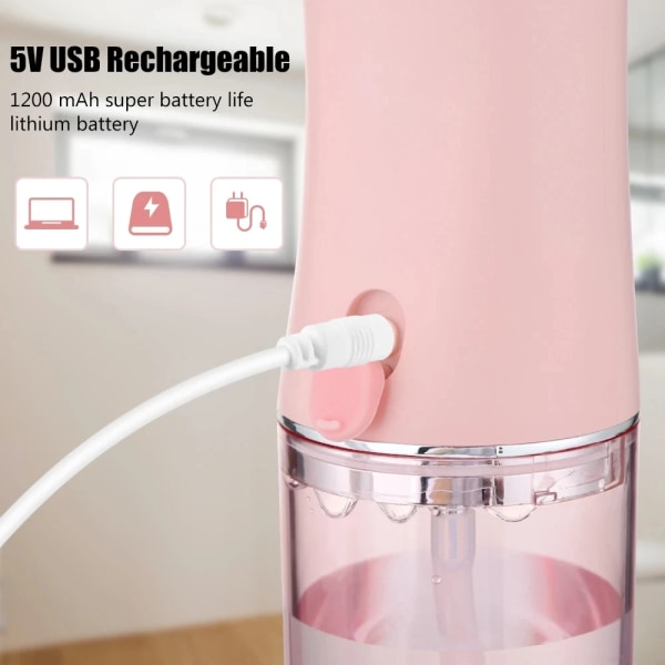 Oral irrigator Portabel tandläkarvattenflosser USB uppladdningsbar vattenstråle tandtråd tandpetare 4 jetspetsar 220 ml 3 lägen IPX7 1400 rpm pink