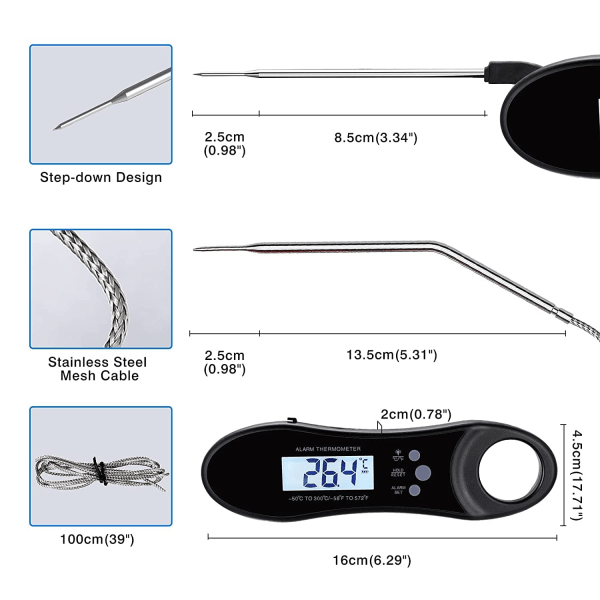 Uppladdningsbar kökstermometer 2 sondtermometer Matlagning Omedelbar läsning LCD-skärm Bakgrundsbelysning Automatisk avstängning Magnetiskt larm