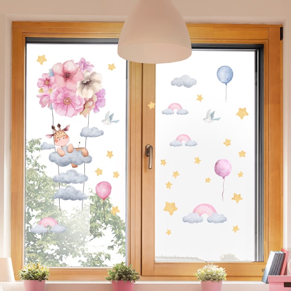 2 uppsättningar handmålade tecknade fawn blomma moln uv elektrostatiska klistermärken dubbelsidiga synliga glasfönster klistermärken
