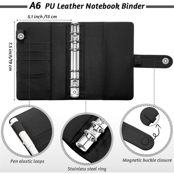 A6-pärm Budget Planner Notebook-omslag Mappstorlek 6-hålsfickor Plastdragkedja Pengarbesparande kuvert (svart)