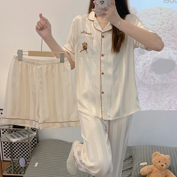 (Storlek XL) Soft Ice Silk Kortärmad Pyjamas Tredelad Set för kvinnor