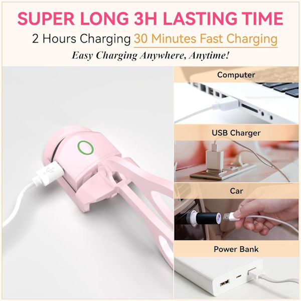 Selvopvarmende øjenvippebukker, hurtig opvarmet vippebukker, 2 temperaturindstillinger og USB-genopladelig øjenvippebukker (pink)
