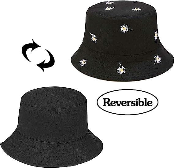 Vendbar Hat Bucket Hat Fiske Solhat til Kvinder Piger，Daisy Sort