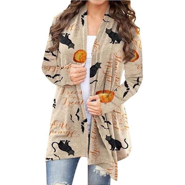 Kvinnors Halloween Cat Pumpkin Cardigan Långärmad Öppen Fram Kn A