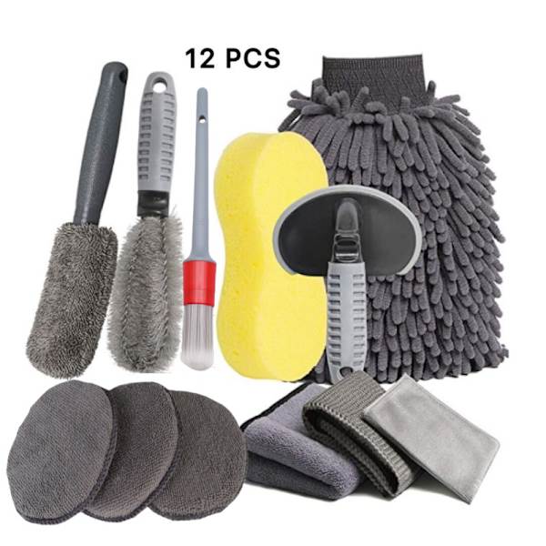 12 stk. Bilrengøringssæt, Professionelt Mikrofiber Bilvask Rengøringssæt, Hjul- og Fælg børste, Rengøringsklude Vaskehandsker, Svamp