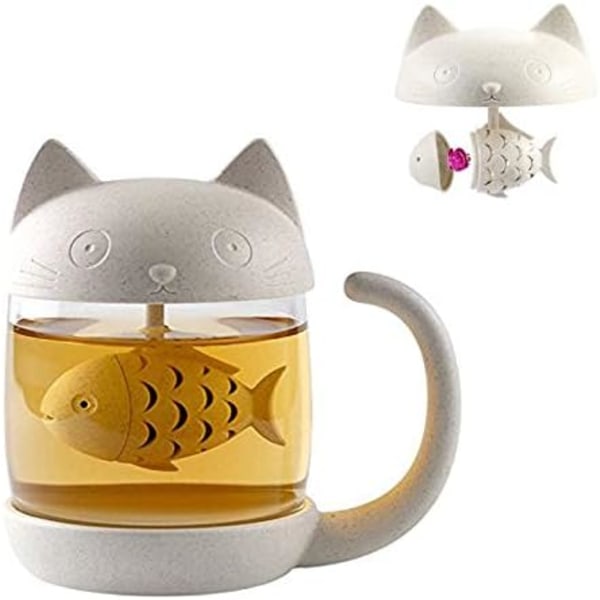 Kat Glas Tekop, Vandflaske med Fiskeformet Te-infuser, Si Filter Kaffe Tassen 250ML (8OZ) Mors Dags Gave