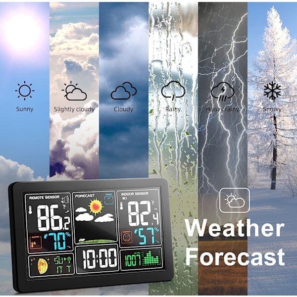 1 väderstation inomhus utomhustermometer Trådlös färgdisplay Digital temperaturfuktighetsmätare, vädertermometerprognosstation med kl.