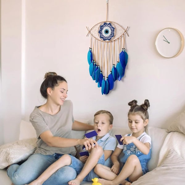 Evil Eye Dream Catcher Handvävd Vit Fjäder Drömfångare Vägghängande Heminredning Prydnad Välsignelse Present，Blå/Brun