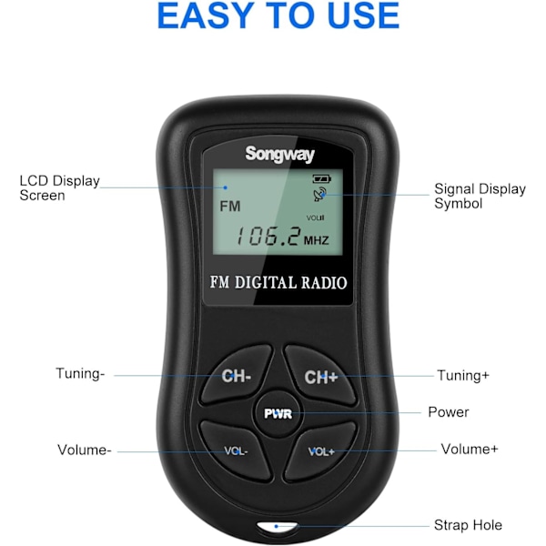 Pocket FM Radio Mini LCD Stereo DSP Radio med hörlurar 60-108MHz för föreläsning, repetition, tentamen, sport, reseguide (svart)