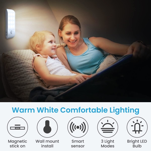 LED-nattlampa Uppladdningsbar nattlampa, nattlampa för rörelsesensor med självhäftande magnetremsa[2-pack]. 3 lägen (Auto/På/Av) nattljus