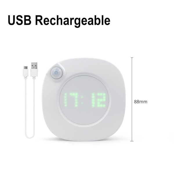 LED PIR Rörelsesensor Väggklocka Lampa 360 grader USB Modern Design Digital Watch Time Inomhus Kök Badrum Study Nattljus