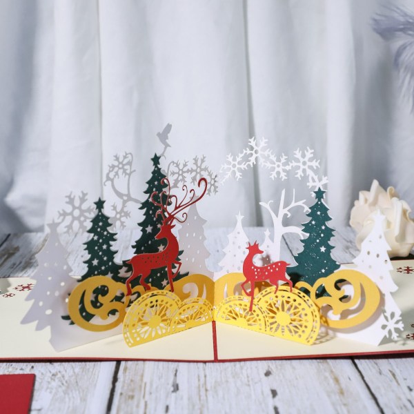 3D-julkort, popup-julkort, vikta tredimensionella gratulationskort (Christmas Forest Elk)