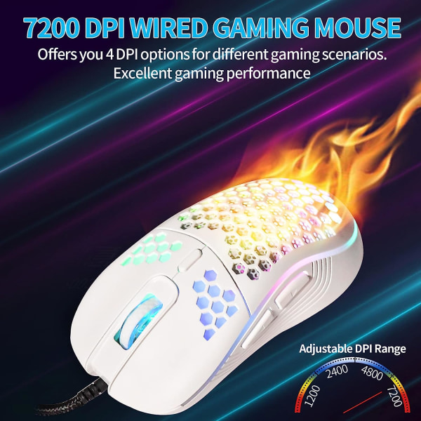 Honeycomb Kablet Gamingmus, RGB Bakgrunnsbelysning og 7200 Justerbar DPI, Ergonomisk og Lett USB Datamus med Høy Presisjonssensor for Windo