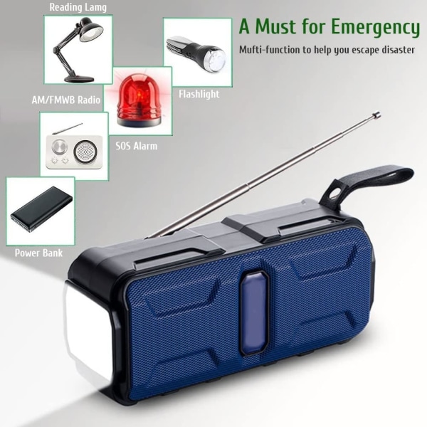 AM FM Handvev nödradio, multifunktionssoldriven radio med 1200mAh Power Bank, SOS-larm, LED-ficklampa, Bluetooth högtalare