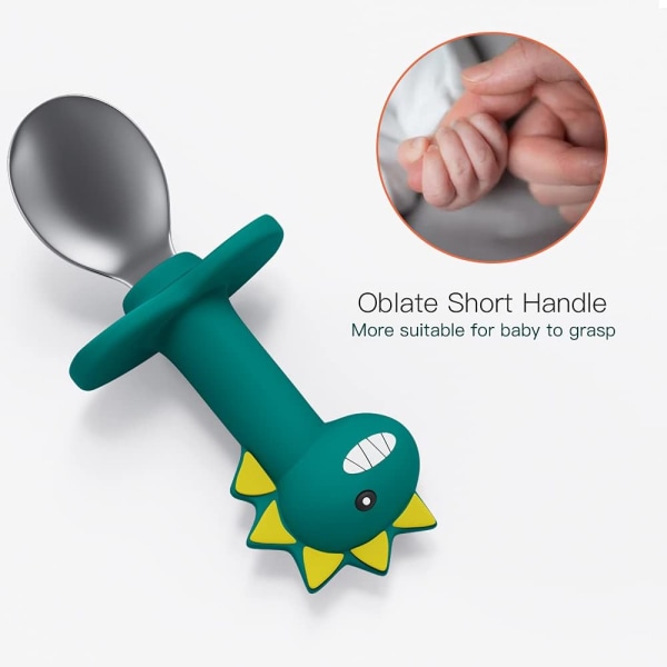 Toddler Rostfritt stål gafflar och skedar Säkert set för barnbestick tecknad söt för baby (grön dinosaurie - kort)