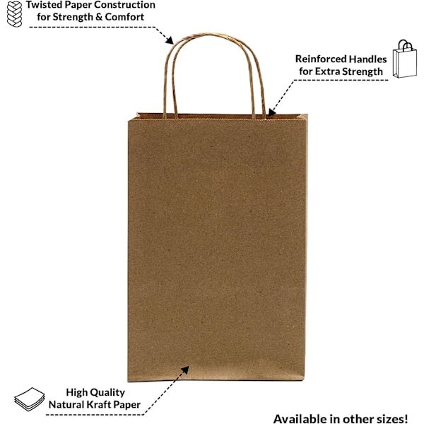 Små brune papirposer med håndtak - 15x7,6x23 cm 100-pakning Kraft handleposer, håndverksvesker for butikker, gaver, småbedrifter, butikker, bursdager