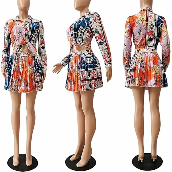 Dame 2-delt Kjole Blomstret Langærmet Skjorte og Mini Plisseret Nederdel Sæt (Orange, L)
