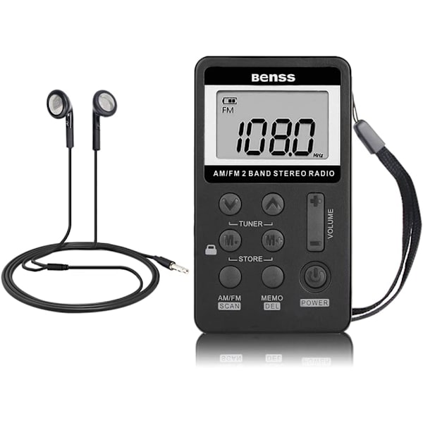 Mini Bærbar Radio AM FM Lommeradio 2 Bånds Stereo Radio Mini DSP Digital Tuning Mottaker med LCD-Skjerm Oppladbart Batteri og Headset (Svart)