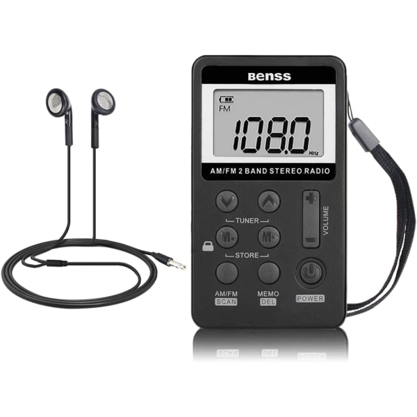 Mini Kannettava Radio AM FM Taskuradio 2-kaistainen Stereoradio Mini DSP Digitaalinen Viritin Vastaanotin LCD-näytöllä Ladattava Akku ja Kuulokkeet (Musta)