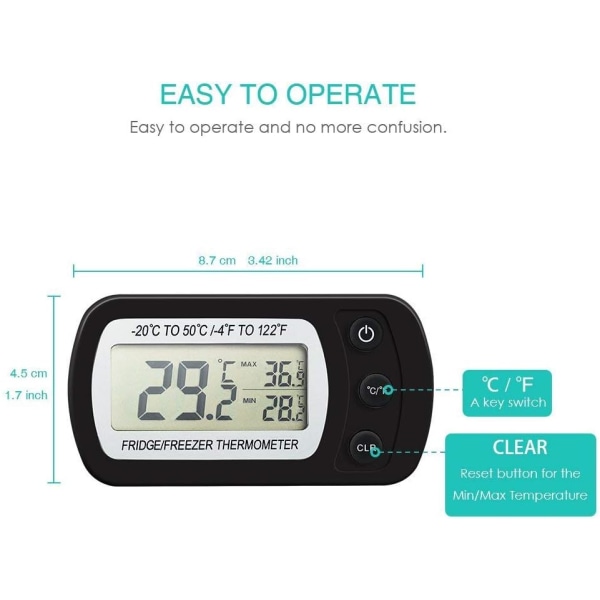 Digital kyltermometer, vattentät frystermometer med krok, lättläst LCD-skärm, max/min inspelningsfunktion, perfekt för hemmet, restauranger och