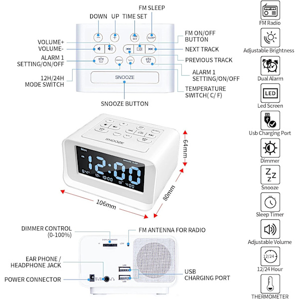 Klockradio med dubbla larm, digital väckarklocka med 2 USB laddningsportar, 0-100 % dimbar, justerbar volym, inomhustermometer（Vit）