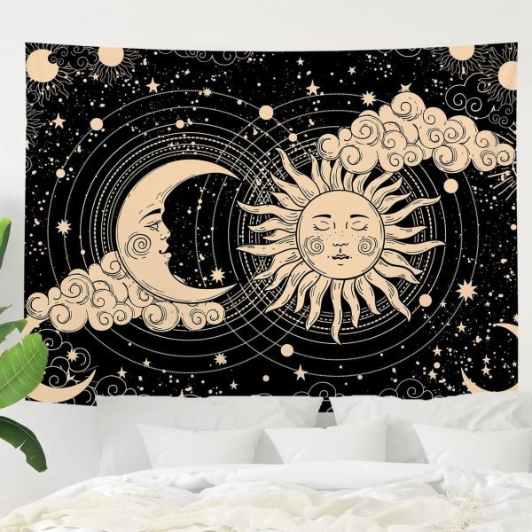 Sol- och måntapet Estetisk Sun Moon Gobeläng Mörksvart andligt gobeläng Väggdekor för sovrum, vardagsrum (39"x59", måne och sol)