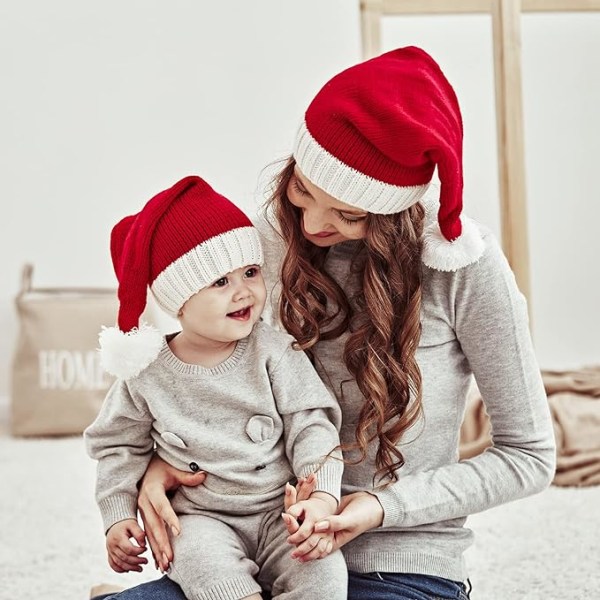 2st Familjematchande julmössor Vinter varm stickad cap Mjuk Bekväm förälder-barn Röd tomtemössa för vuxna barn