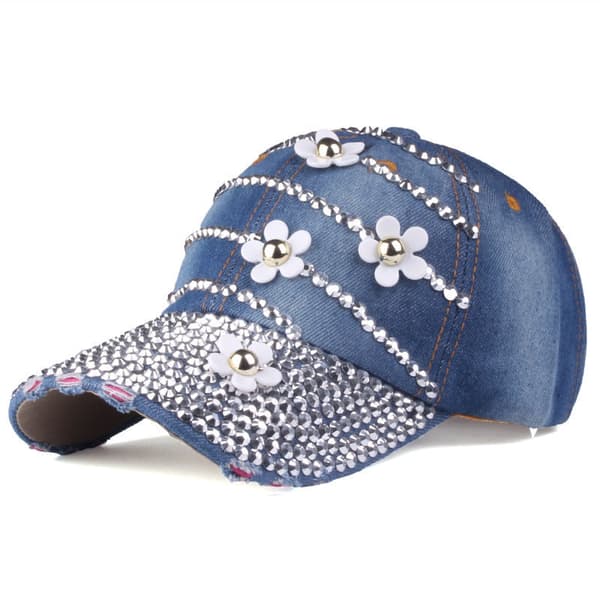 Krystal Rhinestone Baseball Cap Blomsterperle Modehatte Håndlavet Solhat Bling, blå
