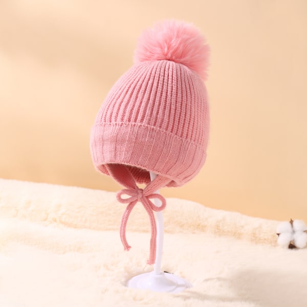 Stickad mössa för barn med justerbara flätor hörselskydd plus varm baby (rosa)