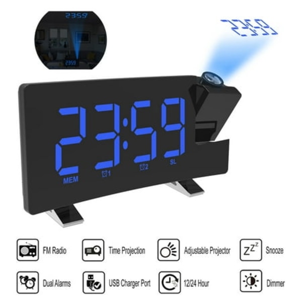 LED Multifunktionel Projektion FM Radio 2 Alarmer 4 Ur Lysstyrke Justerbar med USB Opladningsport