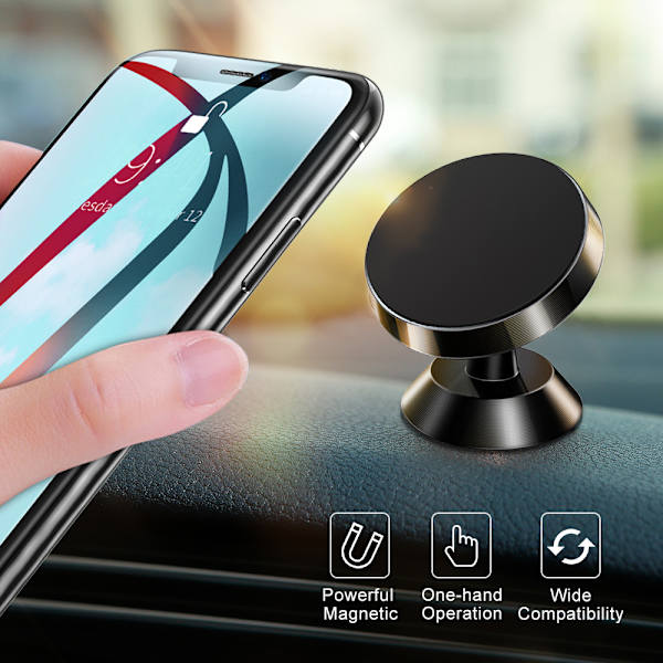 Bærbar Magnetisk Bilholder - Magnetisk Biltelefonholder 360° Rotation Stærk Magnet Smartphone Holder - Sort