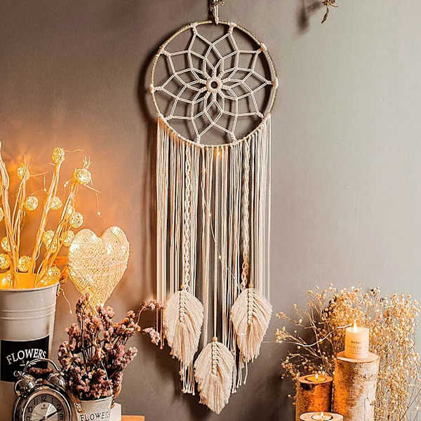 Kæmpe Drømmefanger Macramé med vævede fjer til ophæng på væggen, håndlavet, boheme, indretning, gave, 80 x 25 cm