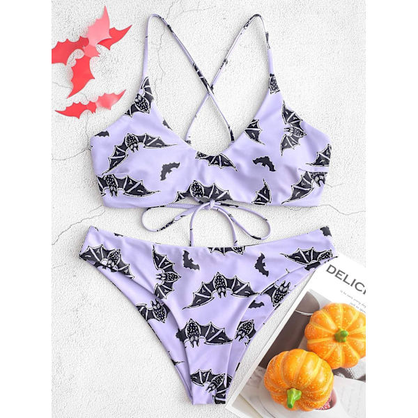 Star Sun Moon Print Baddräkter för kvinnor Rygg Criss Cross Snörning Triangel Bikini(S)