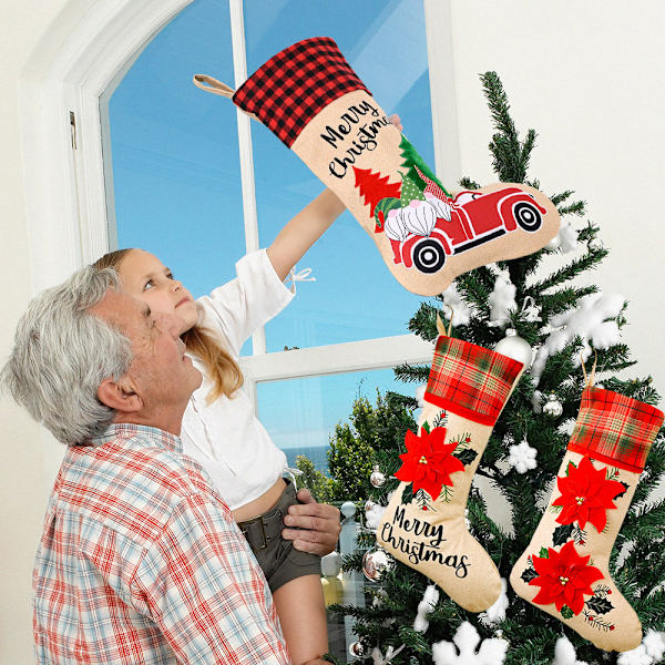 3st Jul Ny Kreativ Juldekoration Tillbehör Stor Röd Blomma Linne Julstrumpor Skogsbil Old Man Strumpor