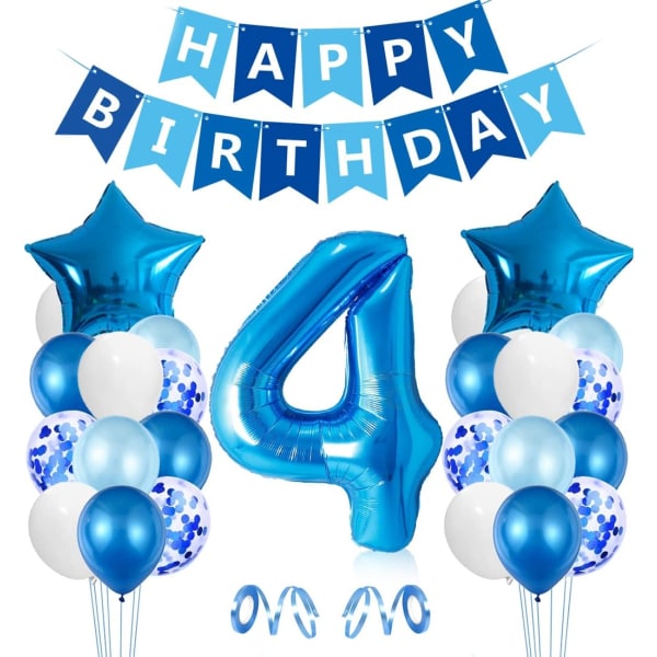 4-årig pojkefödelsedagsballong, blå 4-års födelsedagsdekorationer, Nummer 4 födelsedagsballonger, latexkonfettiballonger Födelsedagsdoptillbehör
