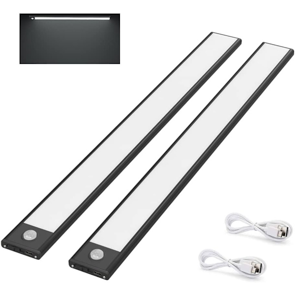 2 st Garderobslampa, 30 cm, trådlös, USB laddningsbar, rörelsesensor, 3 ljuslägen, Garderobslampa, Cool White 6000K, Svart