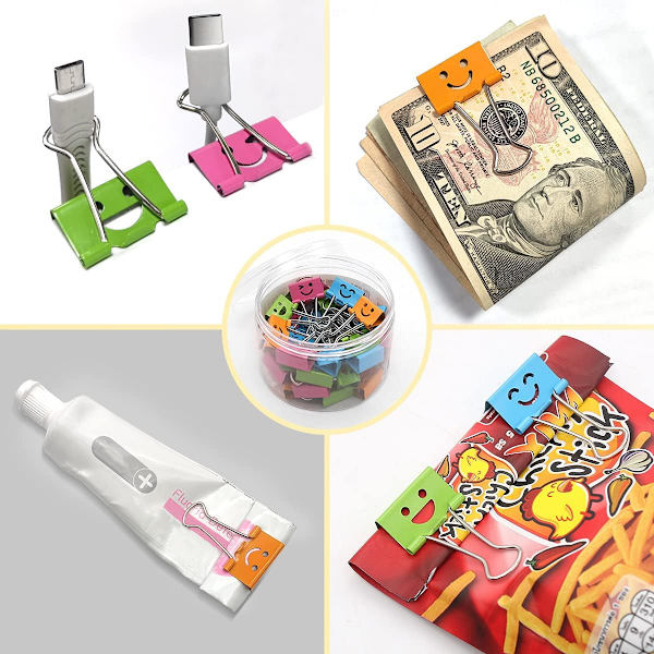 Farvede Papirclips med Ansigt, 48 stk. 25 mm Medium Assorterede Smile Bull Clips Multi Farve Søde Hule Smilende til Kontor
