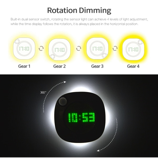 LED PIR Rörelsesensor Väggklocka Lampa 360 graders USB Modern Design Digital Watch Time Inomhus Kök Badrum Studs Nattljus