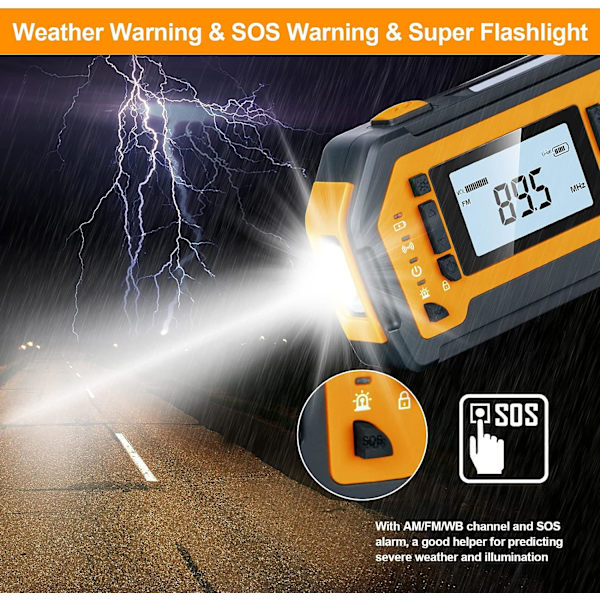Bärbar radio med LCD-skärm och handvev 2000mAh uppladdningsbart batteri Nödradio Power SOS Alarm -Orange