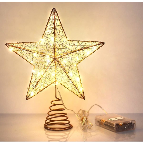 Julgransstjärna, julgransdekorationer med varmvitt LED-ljus och timerfunktion, 8 x 10 tum, roséguld