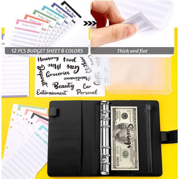 A6-pärm Budget Planner Notebook-omslag Mappstorlek 6-hålsfickor Plastdragkedja Pengarbesparande kuvert (gult)
