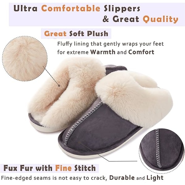 Damtofflor, Memory Foam fluffiga, varma och varma, halkfria plysch bekväma inomhustofflor utomhus (mörkgrå, stor)