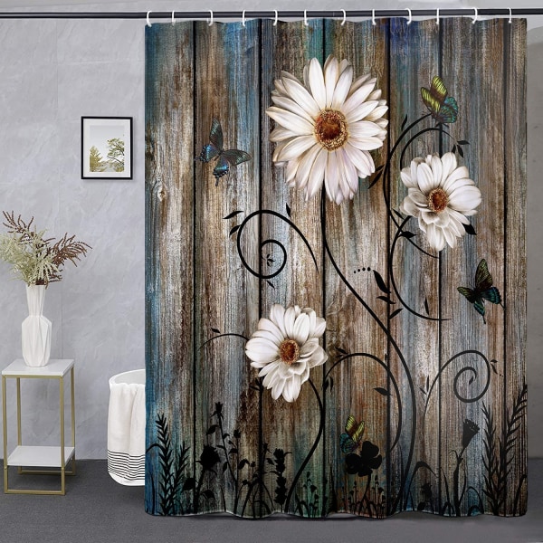 Rustik duschdraperiset Gråblommigt set Badkargardin Butterfly Daisy Amerikansk lantgårdsstil 72×72 tum