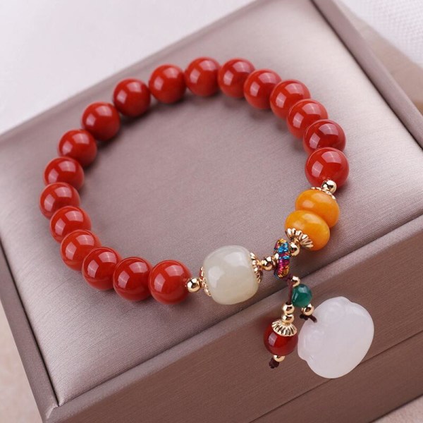 Naturligt södra röd agat armband kvinna vit jade Ruyi lås handkedja liten design exklusiva pärlor handkläder 17 cm