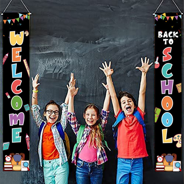 "Welcome Back banner – hemmafest banderoll – returfestskylt, klassrum skola foto bakgrundsdekor