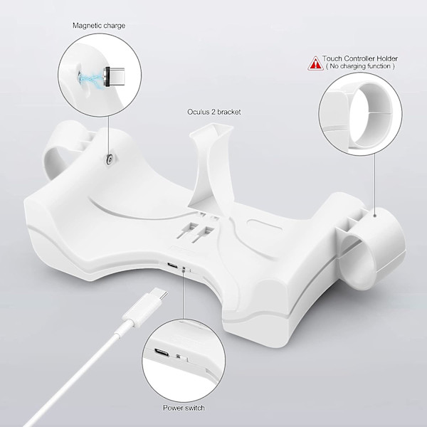 Laddstation, kompatibel för Meta Quest 2 hörlurar, laddningsställ med LED-ljus, skrivbordsväggfäste för hörlurar och handkontroll, med USB-C