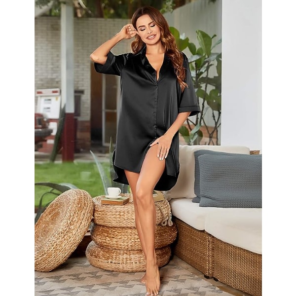Nattlinne för kvinnor Button Down sovtröja Satin 3/4-ärm nattskjorta Pojkvän Naggkrage Sovkläder L