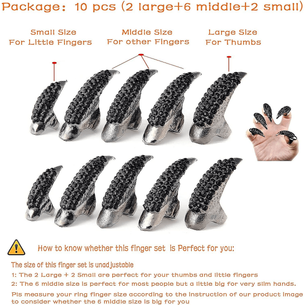 10-pack Halloween Costume Claw Fake Nails Ring Set, Goth Punk Cr