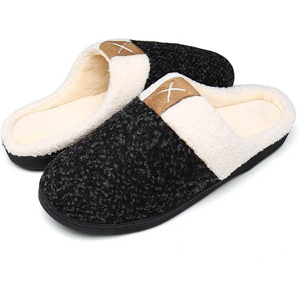 Herrtofflor Memory Foam Comfort Fuzzy plyschfoder Slip On Indoor Outdoor Home Shoes (svarta, 10-11)