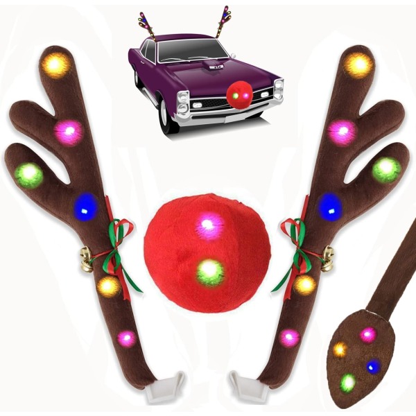 Julbilsrenhornsdekorationskit med LED-ljus, fordonsjuldekorationer Autodekorationsrenskit med jingle Bells Rudolph Reindee